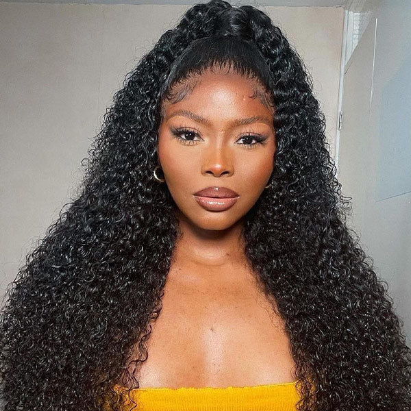 Kinky Curly Glueless Wigs 13x4 Transparent Lace Front 180% Density Pre-Plucked Virgin Human Hair